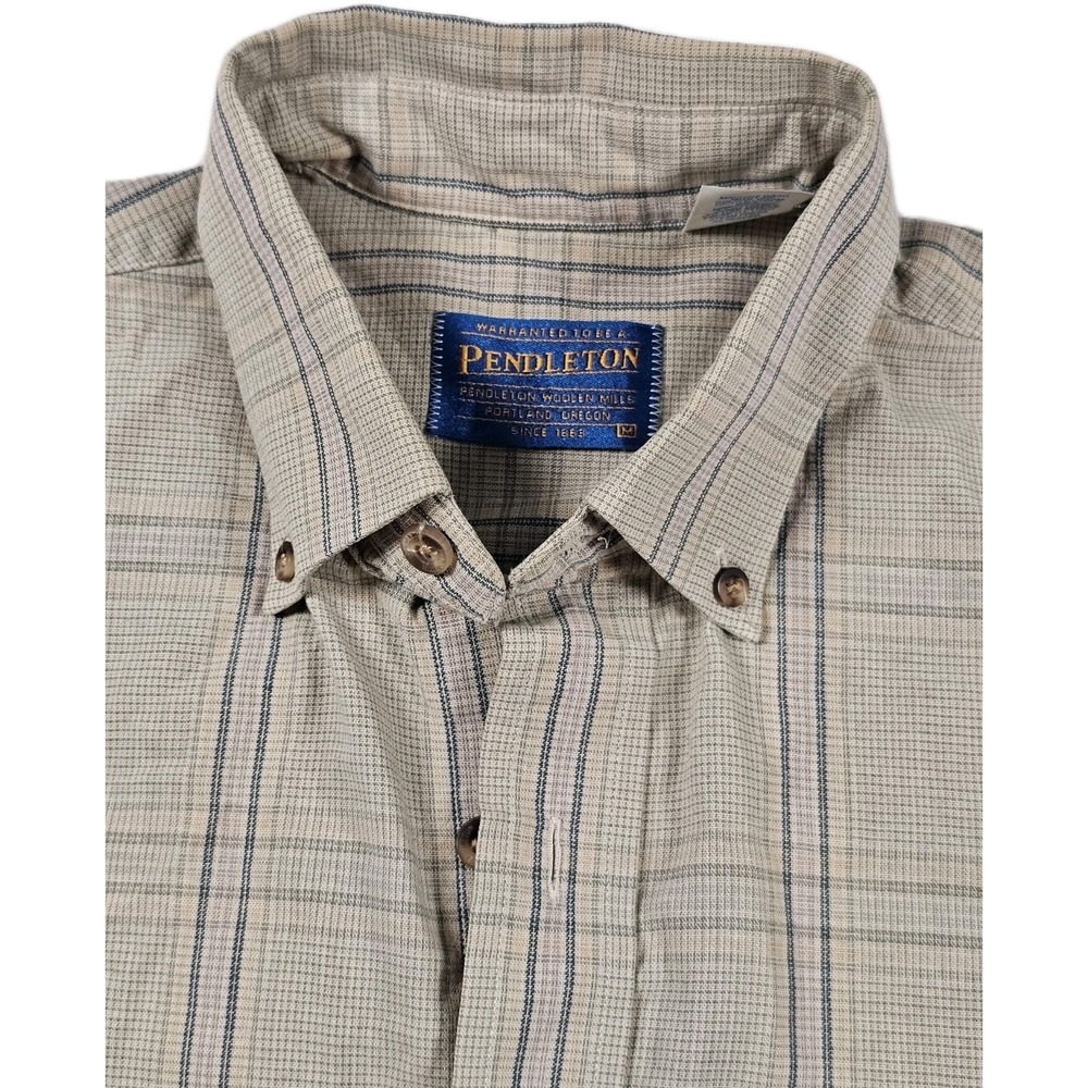 Pendleton Button Down Shirt Mens Medium Beige Plaid Stripe Cotton Casual